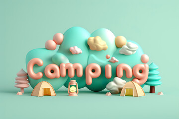 Text Camping with tents, lanterns, pine trees on light green background in digital art