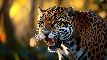 Fierce jaguar portrait in golden sunlight