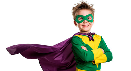 A young superhero boy smiles brightly wearing a mask and a cape.
