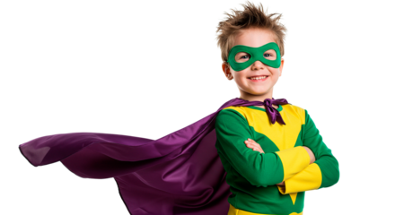 A young superhero boy smiles brightly wearing a mask and a cape.