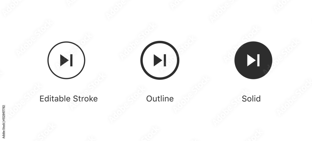 Poster set of play and next track icons in editable stroke, outline, and solid styles, perfect for media pl