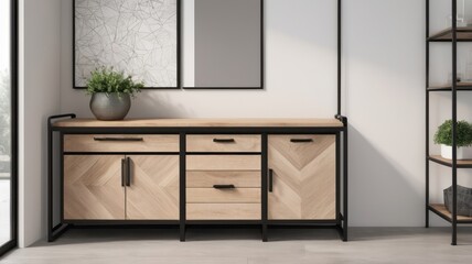 Light wooden sideboard with black metal frame