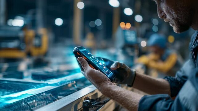 Heavy industry engineer wearing hard hat and safety vest working on a tablet computer at car assembly plant. Automated production line manufacturing cars with robotic arms