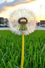 Dandelion Seed Head Adorned with Dew on a Green Field Against Sunset