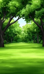Naklejka premium Lush Green Forest Meadow Landscape with Sunlight Path