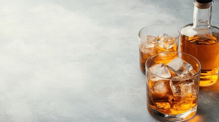 Two glasses filled with ice and whiskey sit beside a bottle, evoking warmth, relaxation, and the rewarding moments enjoyed with good company or solitude.