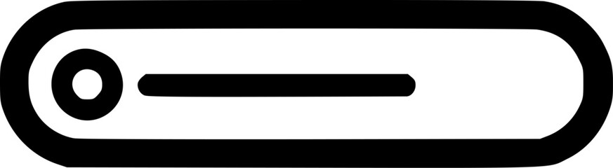 A simple black and white graphic depicting a horizontal bar with a circle at one end, resembling a minimalist control or indicator.
