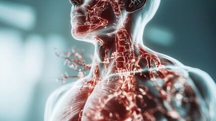 A detailed digital visualization of human anatomy focusing on the vascular system, highlighting arteries and veins in a translucent form for educational and artistic purposes.