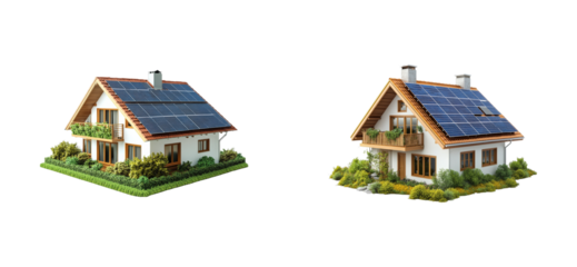 Innovative solar-powered homes urban setting models modern design. Cut out png set