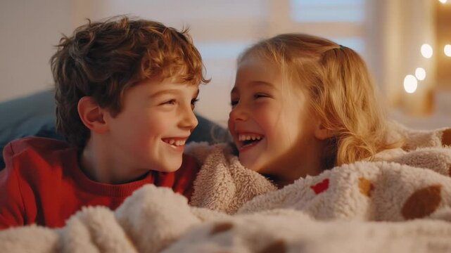 Smiling children lying together in bed warm lighting happy kids friends siblings cozy indoor