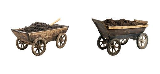 Garden wheelbarrows transporting soil setting still life. Cut out png set