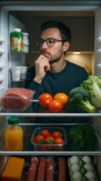 Thoughtful man gazes into the fridge with food items, meat, fruits, vegetables, juice boxes, yogurt on the shelves, vertical video from inside a refrigerator with opened door