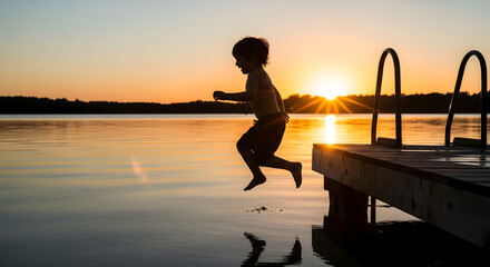 Silhouette of child leaping into lake from a dock