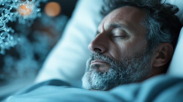 A serene middle-aged man sleeps peacefully, showcasing a relaxed expression, surrounded by a tranquil atmosphere that evokes a sense of rest and rejuvenation.
