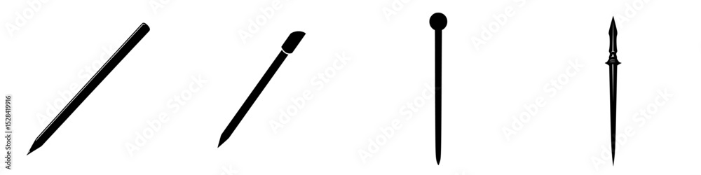 Poster collection of black icons showcasing various types of pointed and sharp tools for design and creativ