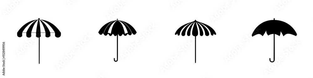 Poster collection of four unique umbrella icons featuring distinct designs and patterns suitable for variou