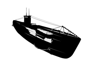Black silhouette of a submarine from the Second World War on a white background. Vector illustration for the design of strong, expressive technical military designs