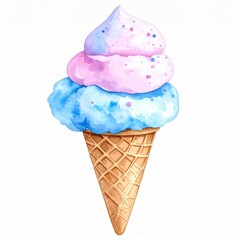 Double Scoop Ice Cream Cone Watercolor Illustration