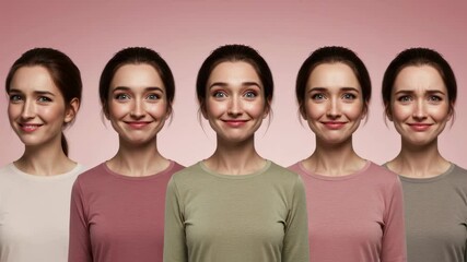 Emotional expression sequence: woman exhibiting surprise to contentment on pink background