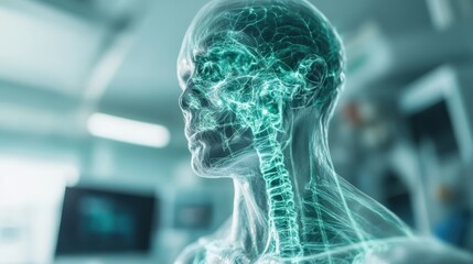 A digitally rendered transparent human skull showcases intricate structures, highlighting anatomical details with a luminous effect, symbolizing the intersection of art and science in health explorat