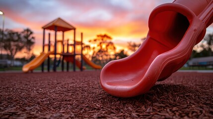 A playful, vibrant red slide contrasts against a beautiful sunset backdrop, capturing the essence of childhood joy and outdoor play in a urban park setting.