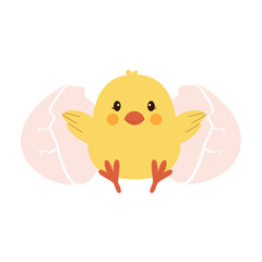 Cute vector illustration of a baby chick hatching from an egg in pastel colors. Perfect for Easter cards, decorations, and children's designs.