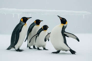 Obraz premium Four penguins next to an icicle.