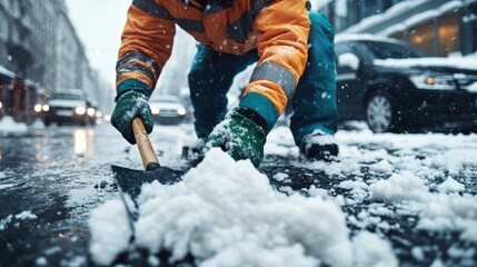 A dedicated snow remover clears accumulated snow from a city street during a heavy snowfall, showcasing the challenges of winter weather and urban life.