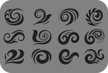 Twelve Black Swirl and Wave Designs on a Gray Rounded Rectangle Background Suitable for Tattoos Logos or Decorative Elements with a Modern and Abstract Aesthetic