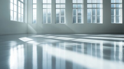 Obraz premium An elegantly minimalist empty room is illuminated by soft sunlight streaming through large windows, creating a serene and peaceful atmosphere perfect for reflection or creativity.