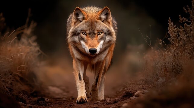 A powerful image of a majestic wolf walking confidently through a rustic landscape, embodying strength, freedom, and the wild essence of nature.