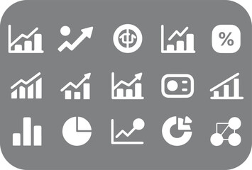 A Collection of White Business and Financial Icons on a Gray Background Representing Data Analysis Growth and Percentage with a Rounded Square Shape and Modern