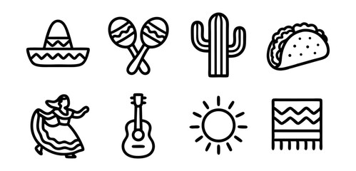 Mexico Outline Icons – Linear Vector Set of Mexican Culture, Food and Traditions – Transparent Background
