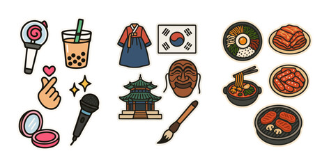South Korea Travel Icons – Vector Stickers of Korean Culture, K-pop, Food and Traditions – Transparent Background
