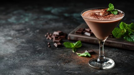 An enticing chocolate martini served in an elegant glass, garnished with fresh mint leaves, perfect for indulgent occasions or a delightful dessert experience.
