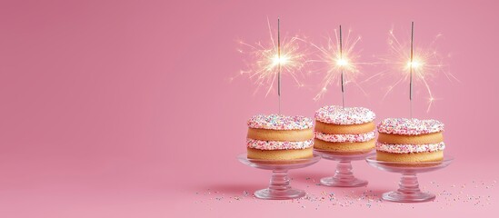 Layered Vanilla Birthday Cakes with Sparkler Candles on Pink Background with copy space 