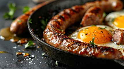 A delicious plate featuring expertly cooked sausages and golden fried eggs, perfect for a hearty breakfast. Served in a rustic cast iron skillet with fresh herbs.