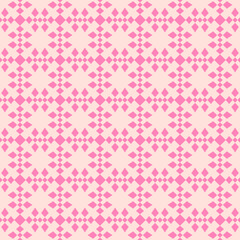Vector checkered seamless pattern. Stylish abstract ornament texture with grid, lattice, diamond shapes, floral silhouettes. Simple funky summer background. Pink and beige color. Cute repeating design