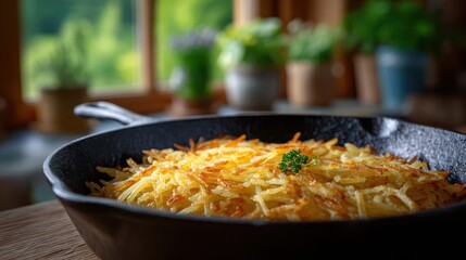 food photography, shredded hash browns in cast iron skillet, with individual potato strands clearly defined, and a rustic kitchen setting in soft focus