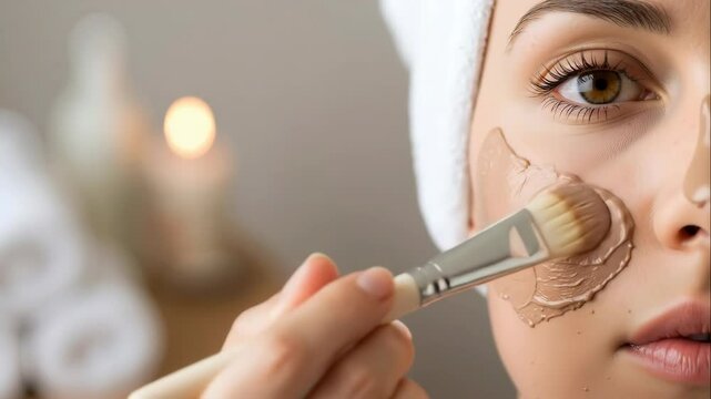 Caucasian woman applying foundation makeup with brush in bathroom mirror. Female model using cosmetic product during beauty routine. Skincare concept for anti aging wellness services
