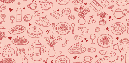 banner, whimsical, food, drink, background, seamless, pattern, coquette, line art, hand-drawn, doodle, french, italian, cocktail, drawing, vector, art, bow, brunch, candle, celebration, chalk, contemp