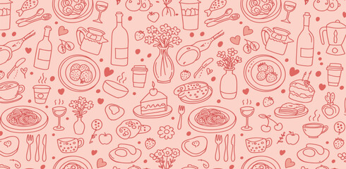 Naklejka premium banner, whimsical, food, drink, background, seamless, pattern, coquette, line art, hand-drawn, doodle, french, italian, cocktail, drawing, vector, art, bow, brunch, candle, celebration, chalk, contemp