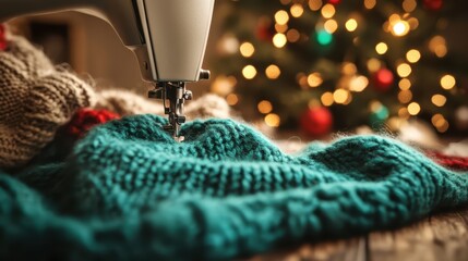 A close-up of a sewing machine working on a vibrant turquoise knitted fabric, with a softly blurred Christmas tree in the background creating a warm festive atmosphere.