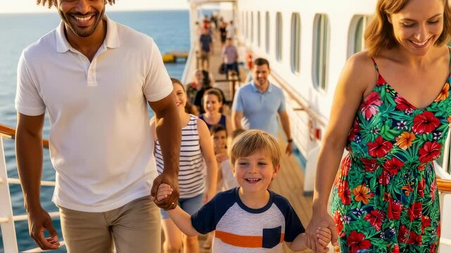 Family enjoying leisure cruise experience with smiles and scenic ocean views