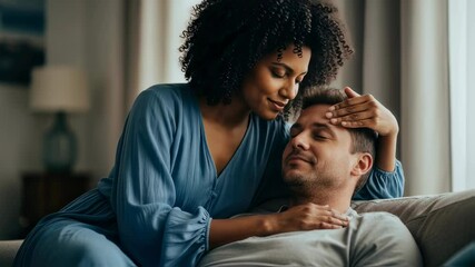 Tender moment: caring interaction between a loving couple at home