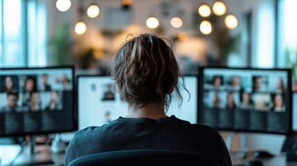 A focused woman works at a computer in a modern office setting with multiple screens, showcasing the essence of remote work and dedication in a contemporary workspace.