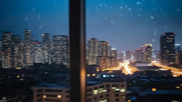 Raindrops on window with blurred city skyline at night featuring distant glowing buildings and busy illuminated highway traffic.