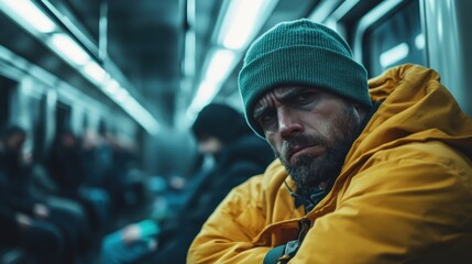 A serious-looking man in a yellow jacket sits on a subway train at night, highlighting urban life’s challenges and nuances as he navigates through the city’s underground.