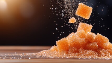 An artistic composition featuring sugar cubes levitating above a pile of granulated sugar, symbolizing indulgence and sweetness in a visually striking setup.