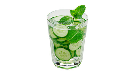 A glass of refreshing cucumber and mint infused water is shown.